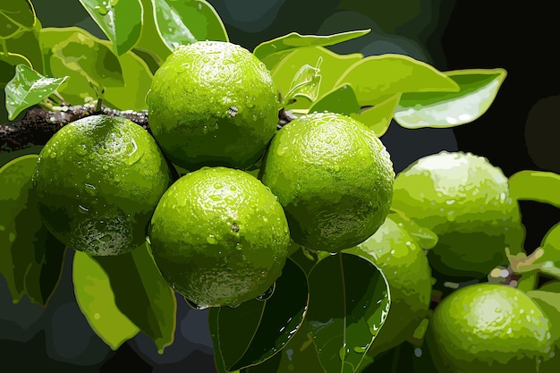 Vector close up verse groene citroen met waterdruppel op boom en groene vage achtergrond