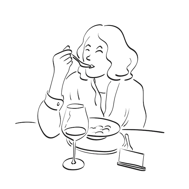 close-up vrouw die voedsel eet in een restaurant illustratie vector met de hand getekend geïsoleerd op witte achtergrond