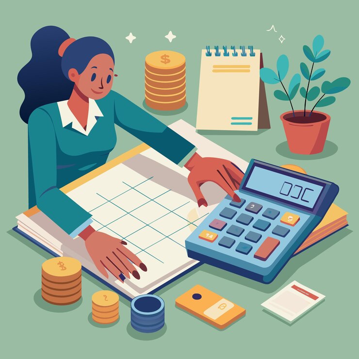 Vector close up of woman hand pushing button on calculator with list of budget expense and cost on small