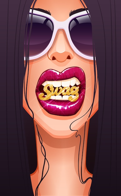 Primo piano del viso di donna in bicchieri con labbra rosse piene che morde distintivo swag oro.