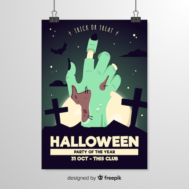 Close-up zombie rotten hand halloween flyer template