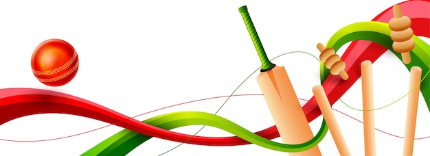 Close view of a cricket wickets, bat and ball on white background. web header or banner de