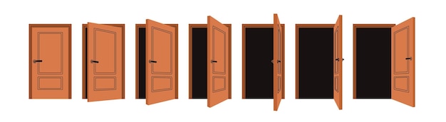 Closed, ajar and open wood door, sequence of stages. Closing doorway, process for animation. Locked, shut, unlocked entrance, entry, doorframe. Flat vector illustration isolated on white background.