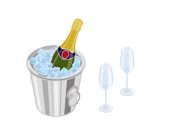 Вектор Закрытая бутылка шампанского в ведре со льдом и два пустых стакана