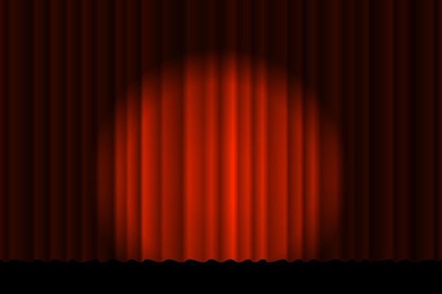 Closed luxury red curtain with many shadow spotlight beam illuminated stage textile background