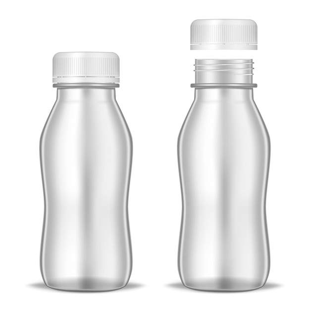 Closed and open clear bottle with screw cap realistic vector mockup liquid food product container