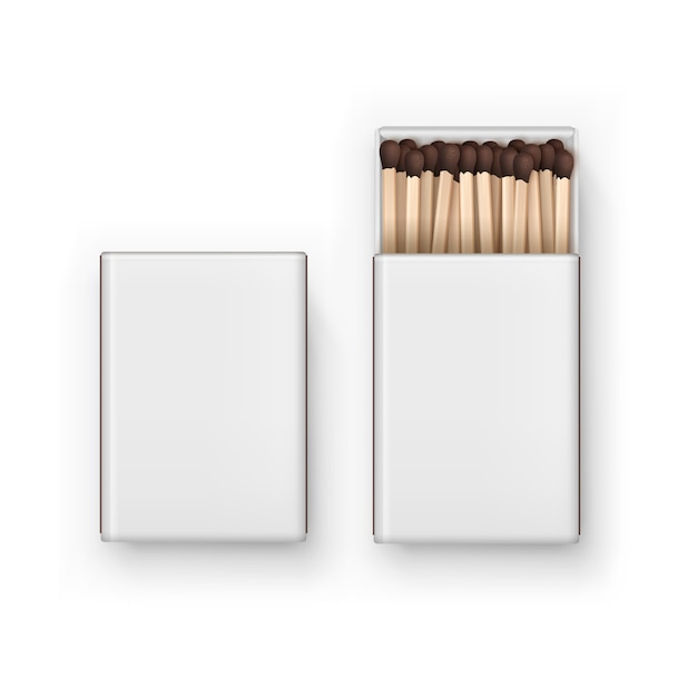 Vector closed opened blank box of brown matches isolated, top view on white