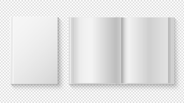 Vettore libro chiuso e aperto. diario o pianificatore realistico di fogli di carta bianca