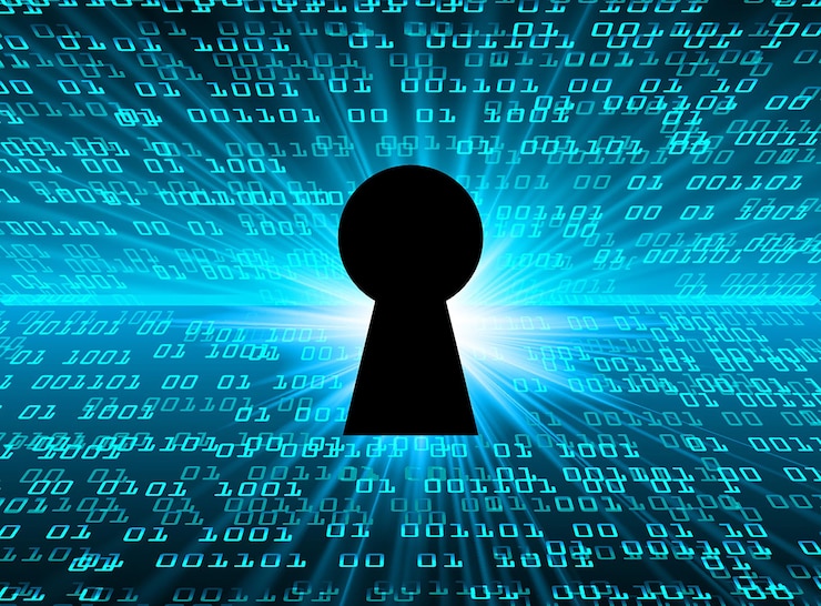 Vector closed padlock on digital background cyber security