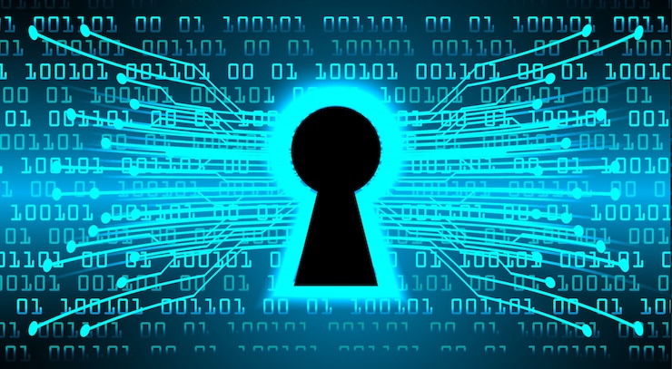 Vector closed padlock on digital background, cyber security