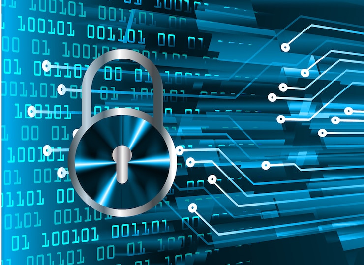 Vector closed padlock on digital background, cyber security