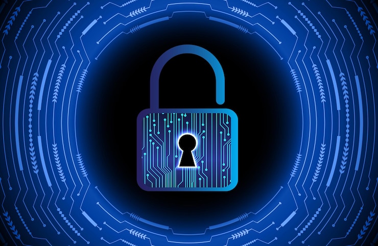 Vector closed padlock on digital background cyber security