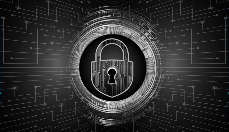 Vector closed padlock on digital background, cyber security