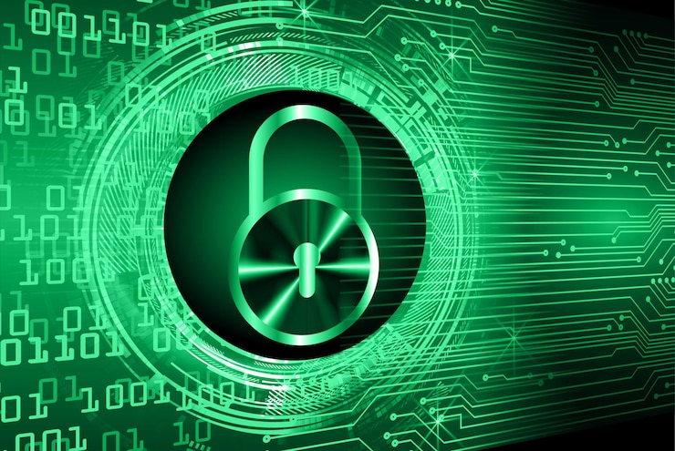 Vector closed padlock on digital background cyber security