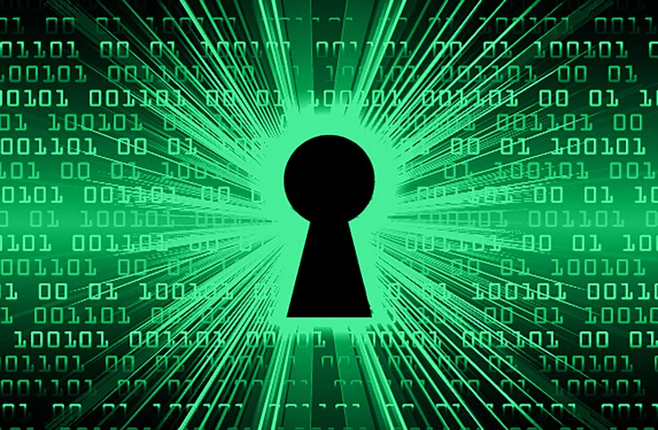 Vector closed padlock on digital background, green cyber security