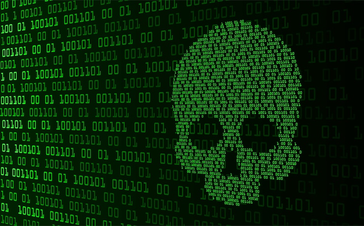 Vector closed padlock on digital background, skull cyber security