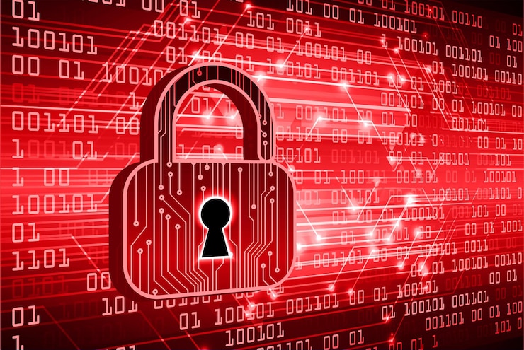Vector closed padlock on digital, cyber security