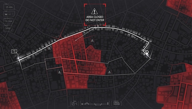 Closed red area, district, road. Gps map navigation to house Detailed view of the city