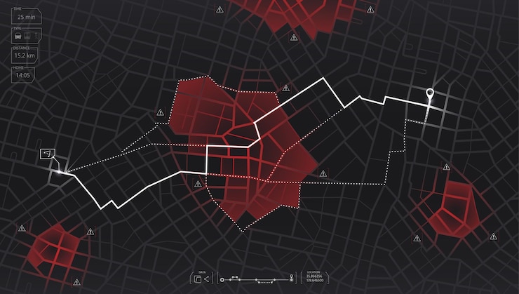 Vector closed red area, district, road. gps map navigation to house detailed view of the city