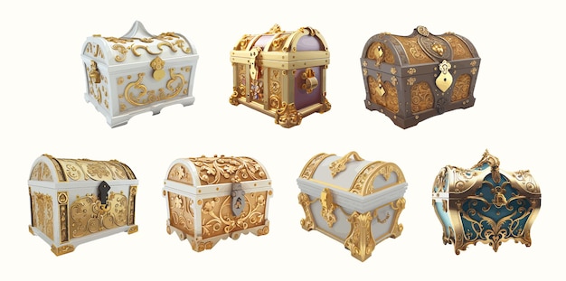 Closed royal chests white gold and beautiful decoration Beautiful 3d gold chests