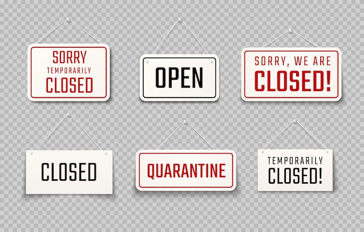 Vector closed sign. temporarily closed of coronavirus realistic signs, covid-19 quarantine signboard for cafe and restaurants. vector set illustration banner message restriction or locked business sign