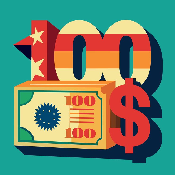 Vector closed up of 100 us dollar banknote number on red 100 chinese yuan banknote currency exchange or t