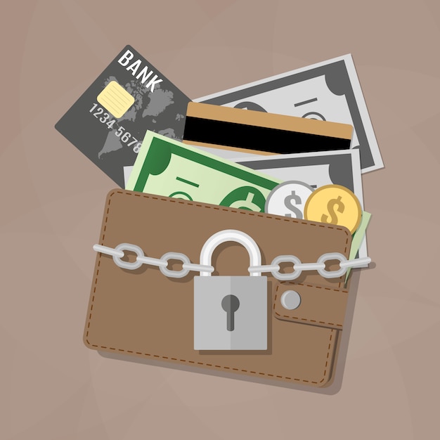 Closed wallet and locked padlock