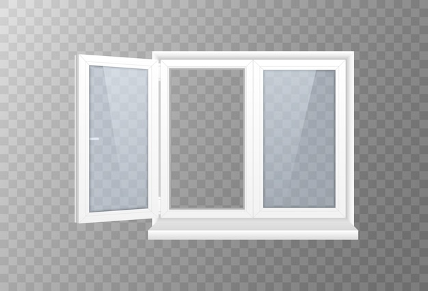 Vector closed window with transparent glass in a white frame.