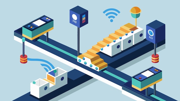 Vector a closeup of a conveyor belt fitted with sensors and connected to the iiot network which allows for