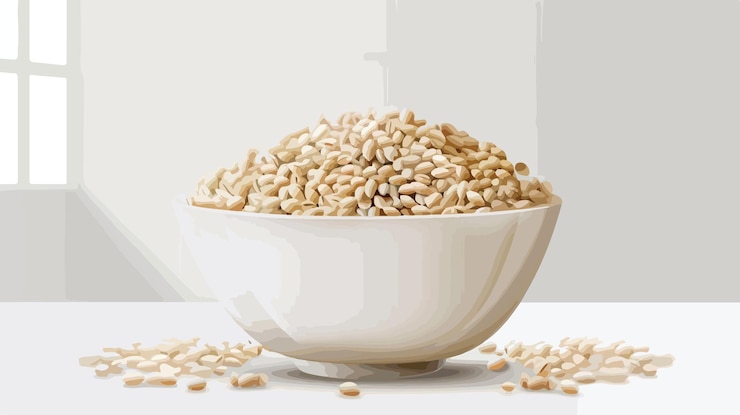Vector closeup of dry pearl barley in bowl on white table cartoon style