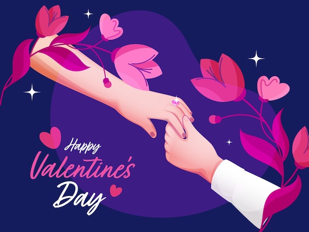 Vector closeup engaged or proposal couple hands rose flower leaves decor on violet heart shape background for happy valentines day concept