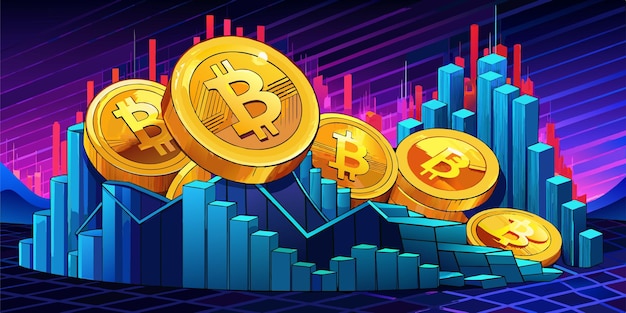 Vector closeup of golden bitcoin on a dark reflective background of increasing graph