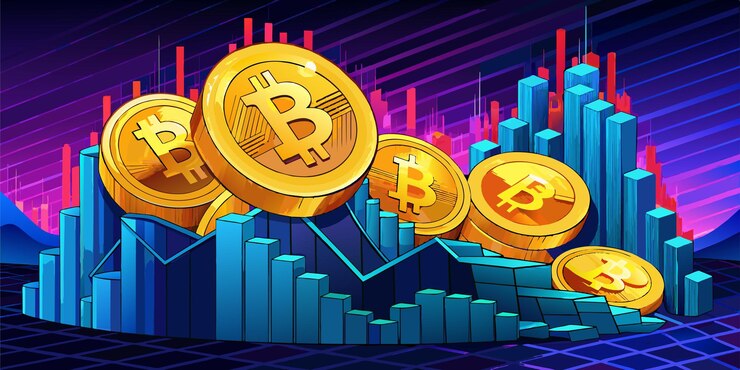 Vector closeup of golden bitcoin on a dark reflective background of increasing graph