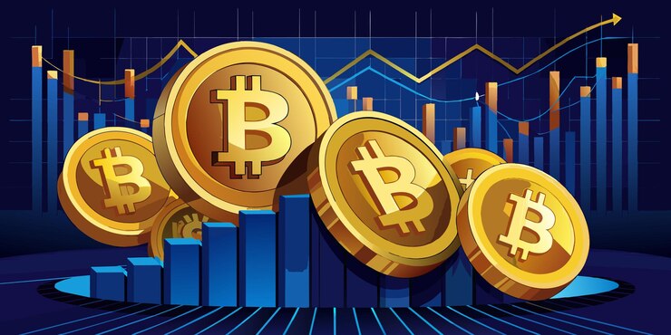 Vector closeup of golden bitcoin on a dark reflective background of increasing graph