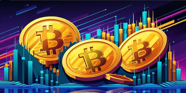 Vector closeup of golden bitcoin on a dark reflective background of increasing graph