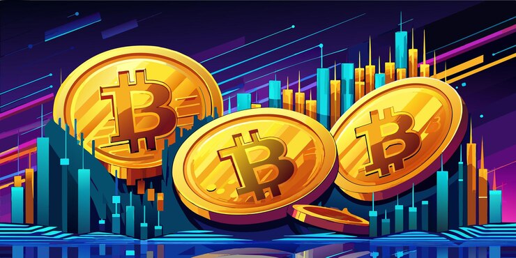 Vector closeup of golden bitcoin on a dark reflective background of increasing graph