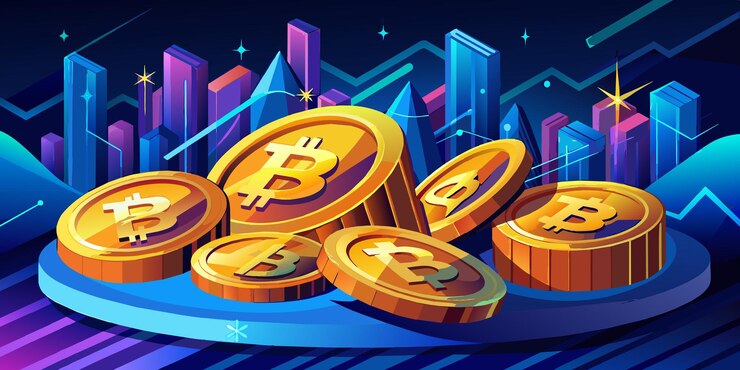 Vector closeup of golden bitcoin on a dark reflective background of increasing graph