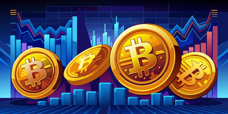 Vector closeup of golden bitcoin on a dark reflective background of increasing graph