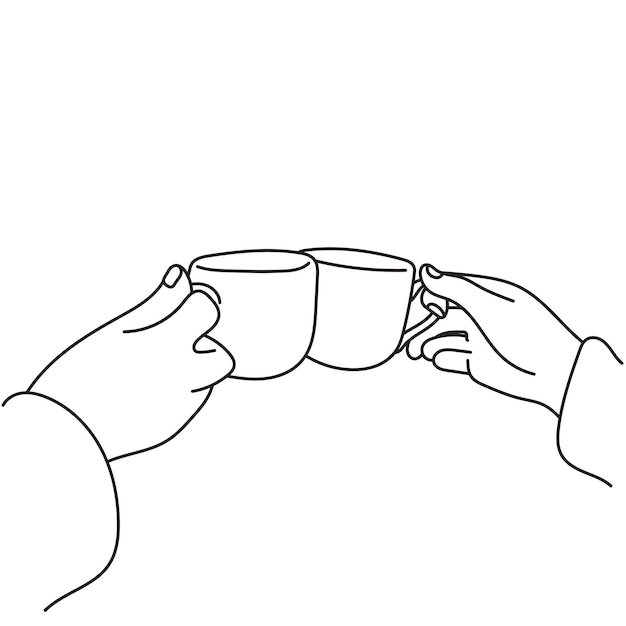 closeup hand holding cup of coffee and clinking glasses illustration vector hand drawn