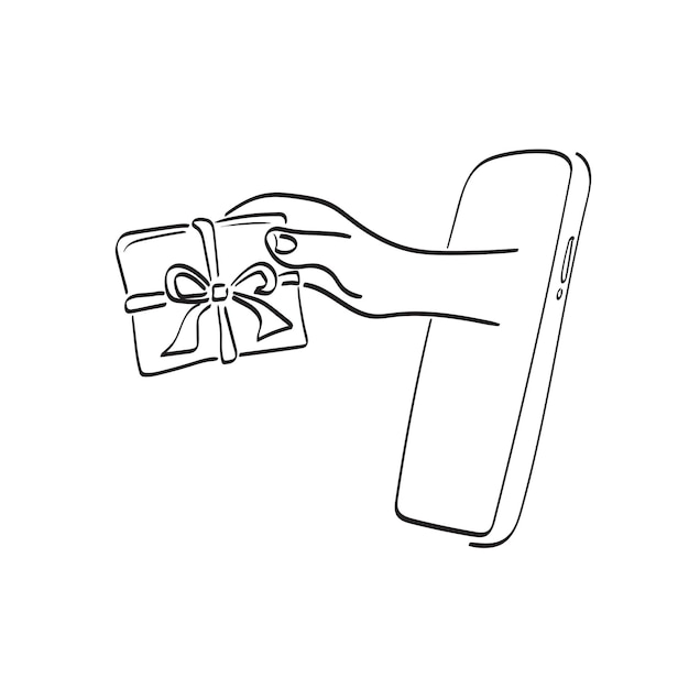 closeup hand holding gift box in smartphone illustration vector hand drawn isolated