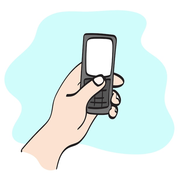 closeup hand holding retro mobile phone illustration vector hand drawn isolated on white