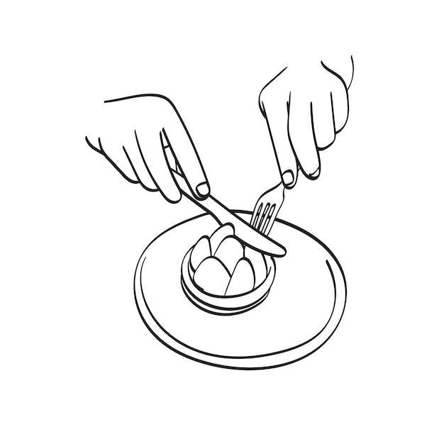 closeup hand using fork and knife to cut cake illustration vector hand drawn isolated