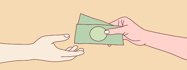 Closeup hands giving cash money simple korean style illustration