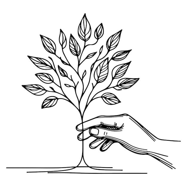 Vector closeup hands holding black line tree sprout growing from soil hand earth planet protection concept