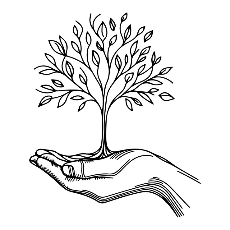 वेक्टर closeup hands holding black line tree sprout growing from soil hand earth planet protection concept