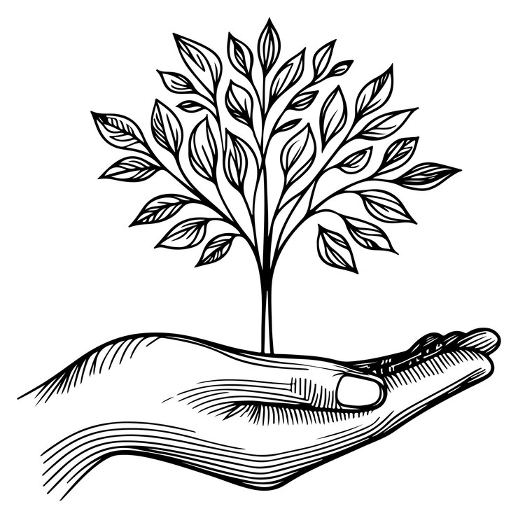 Vector closeup hands holding black line tree sprout growing from soil hand earth planet protection concept