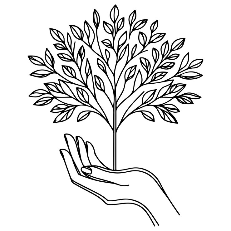 वेक्टर closeup hands holding black line tree sprout growing from soil hand earth planet protection concept
