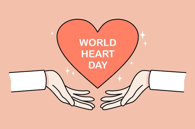 Крупным планом руки, держащие символ сердца, поддерживают здравоохранение или медицину Концепция празднования Всемирного дня сердца Здравоохранение и медицинская помощь Плоская векторная иллюстрация