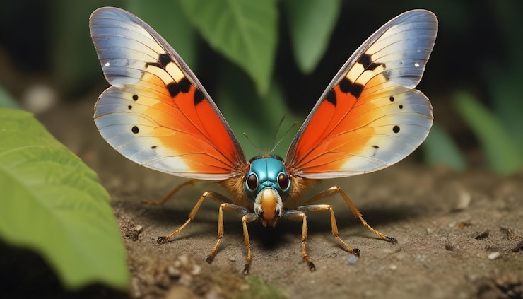 Vector closeup image of a colorful butterfly with large wings and a unique textured body the butterfly is perched on a branch with a soft green background