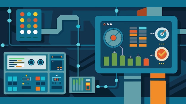 Vector closeup of an industrial control panel with a magnified view of a digital screen displaying a